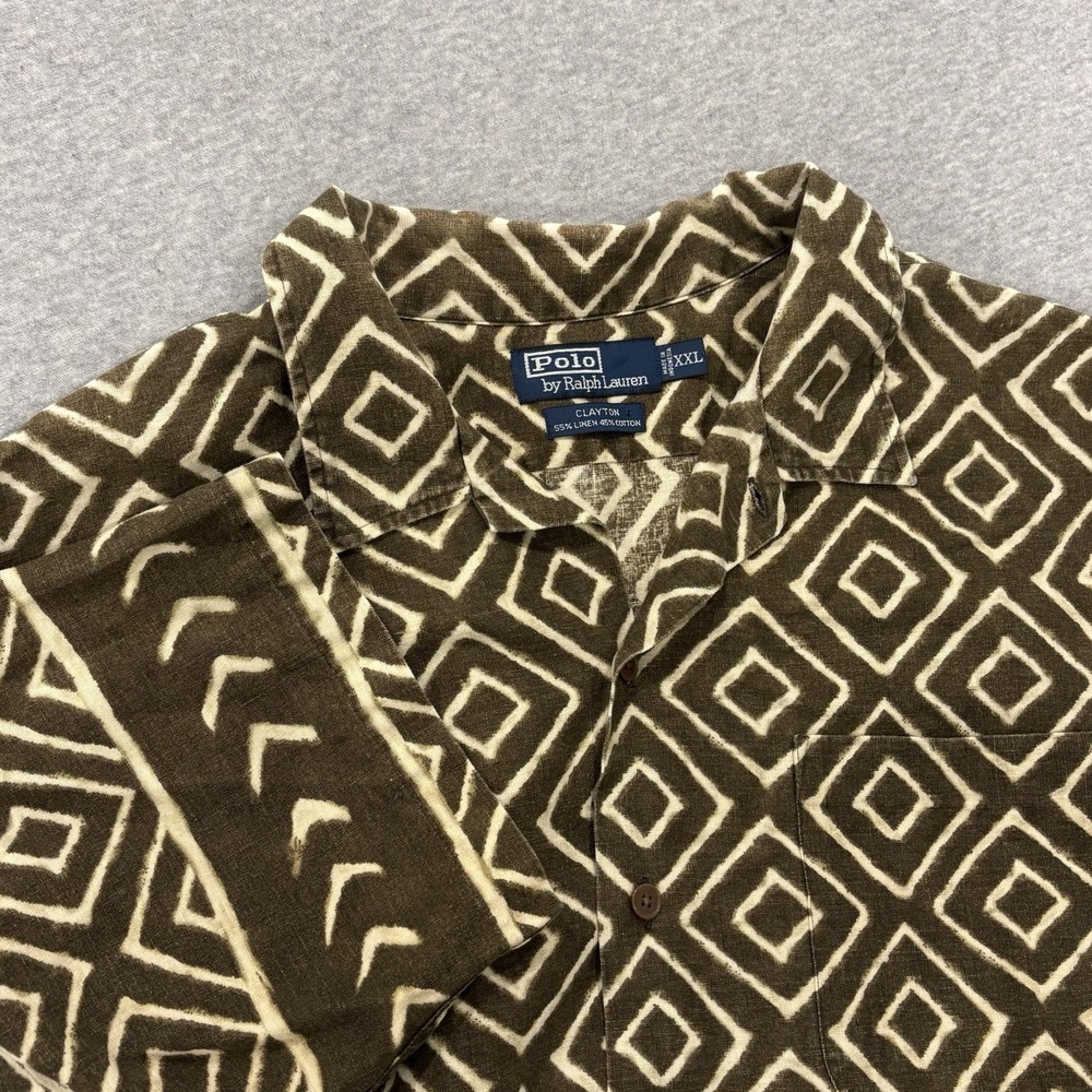Vintage 90s Polo Ralph Lauren Clayton Shirt Men's Size XX Linen Brown Geometric